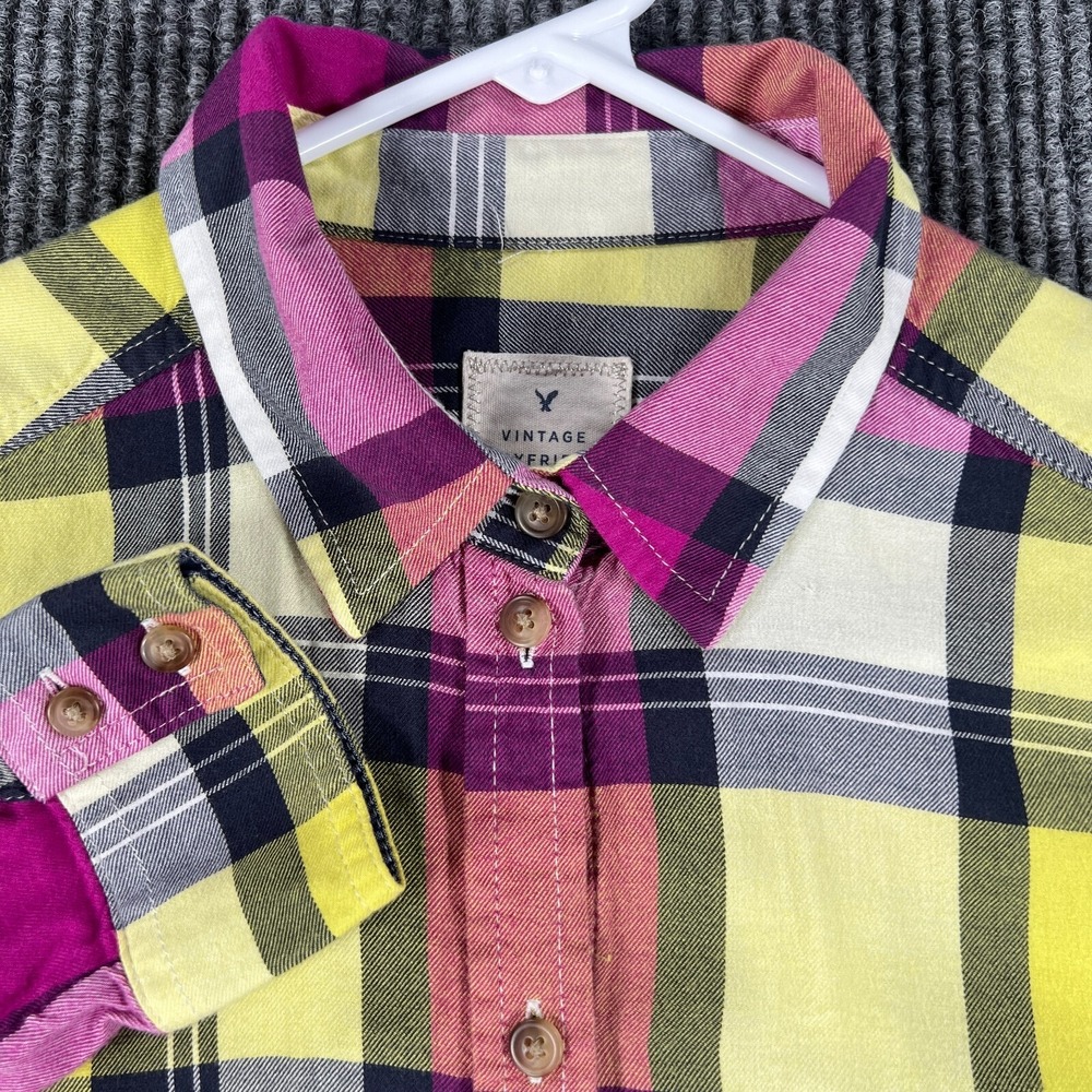 American Eagle Womens Shirt Size Small Purple Yellow Plaid Long Sleeve Button Up